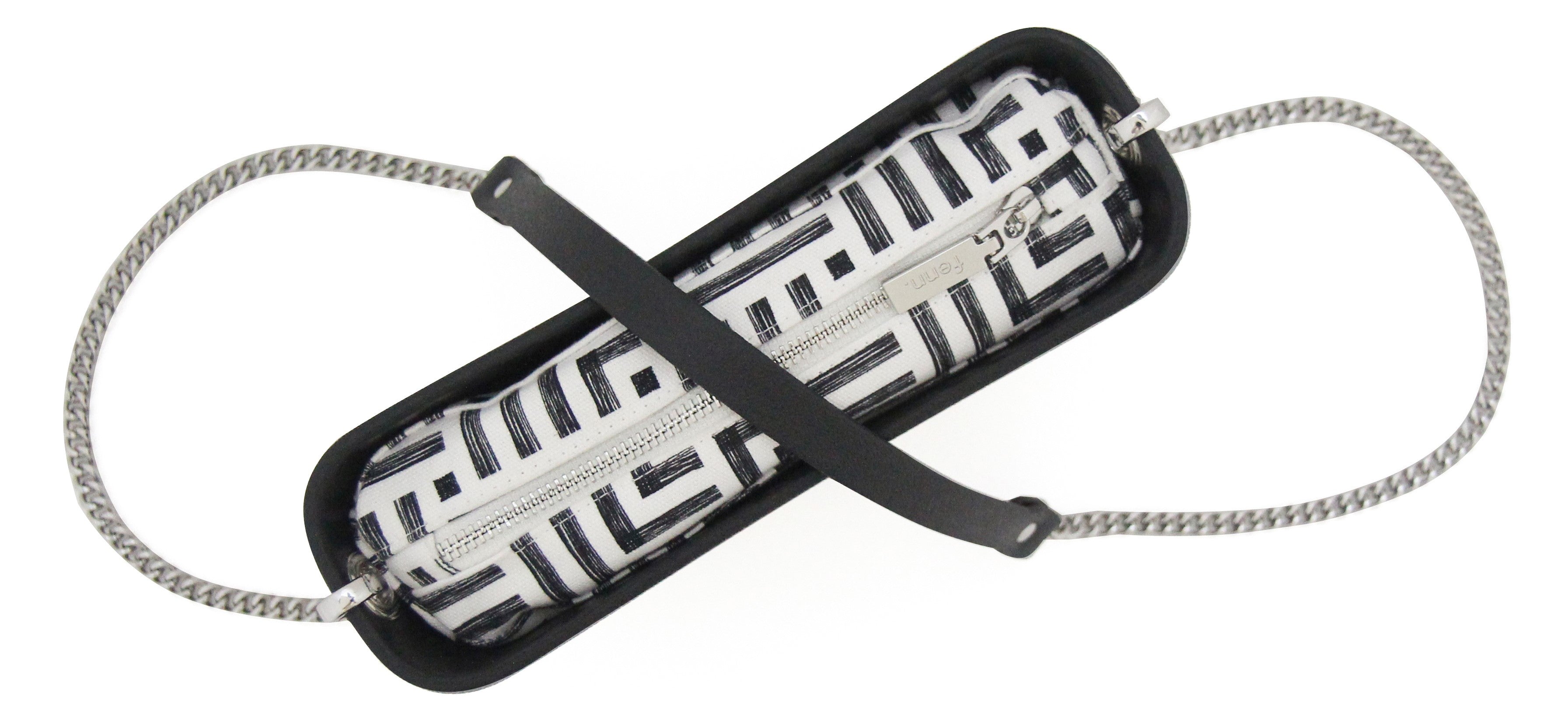 Classic BLACK with black & white canvas inner and black & silver chain strap