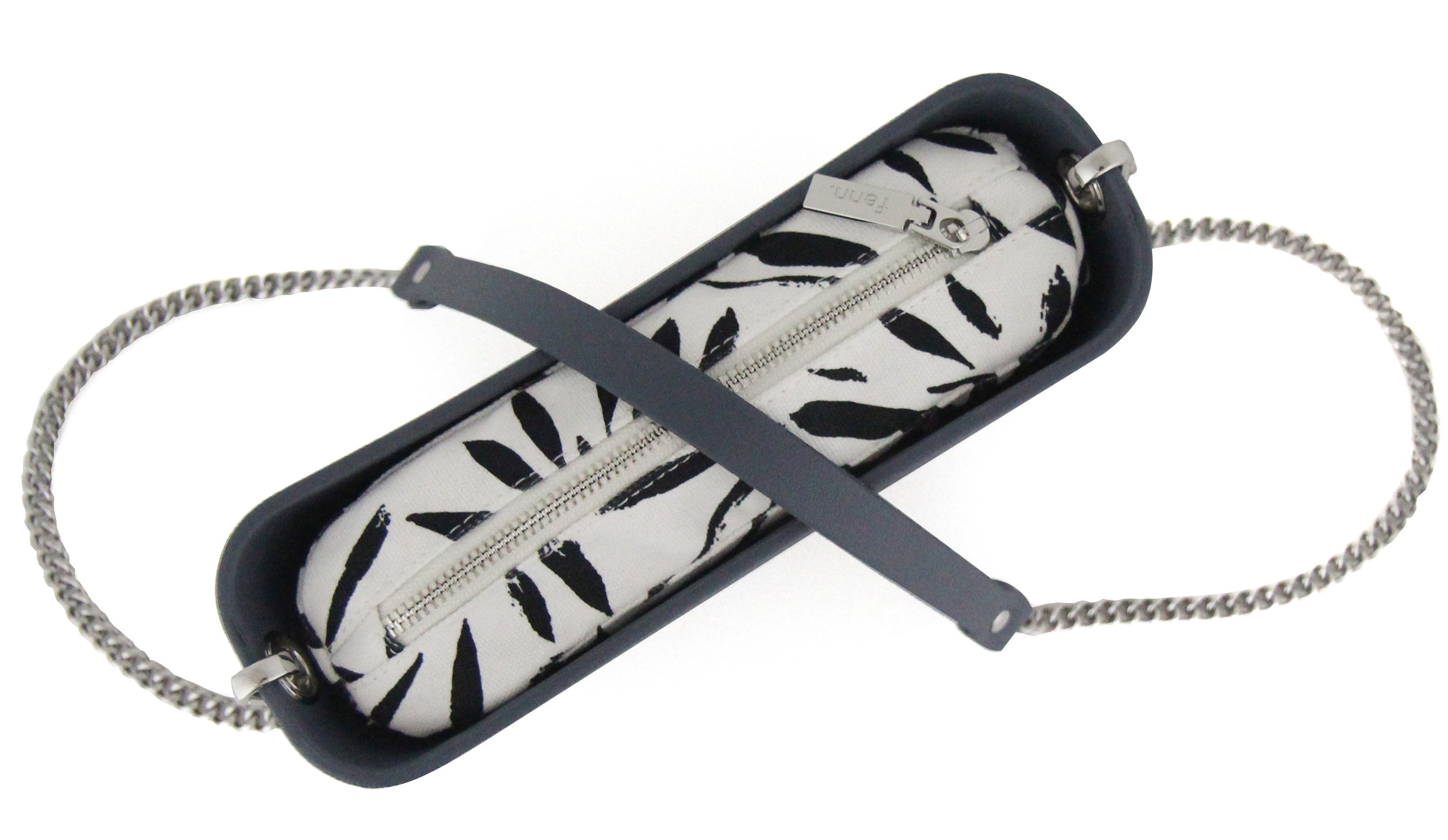 Classic DENIM BLUE with black & white canvas inner and denim blue & silver chain strap