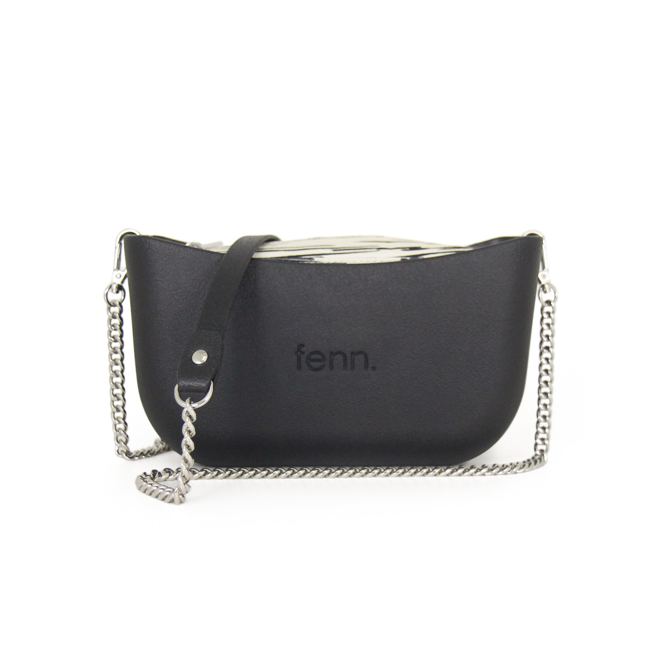 Classic BLACK with black & white patterned canvas inner and black & silver chain strap