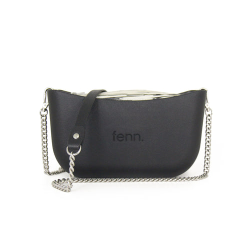 Classic BLACK with black & white patterned canvas inner and black & silver chain strap