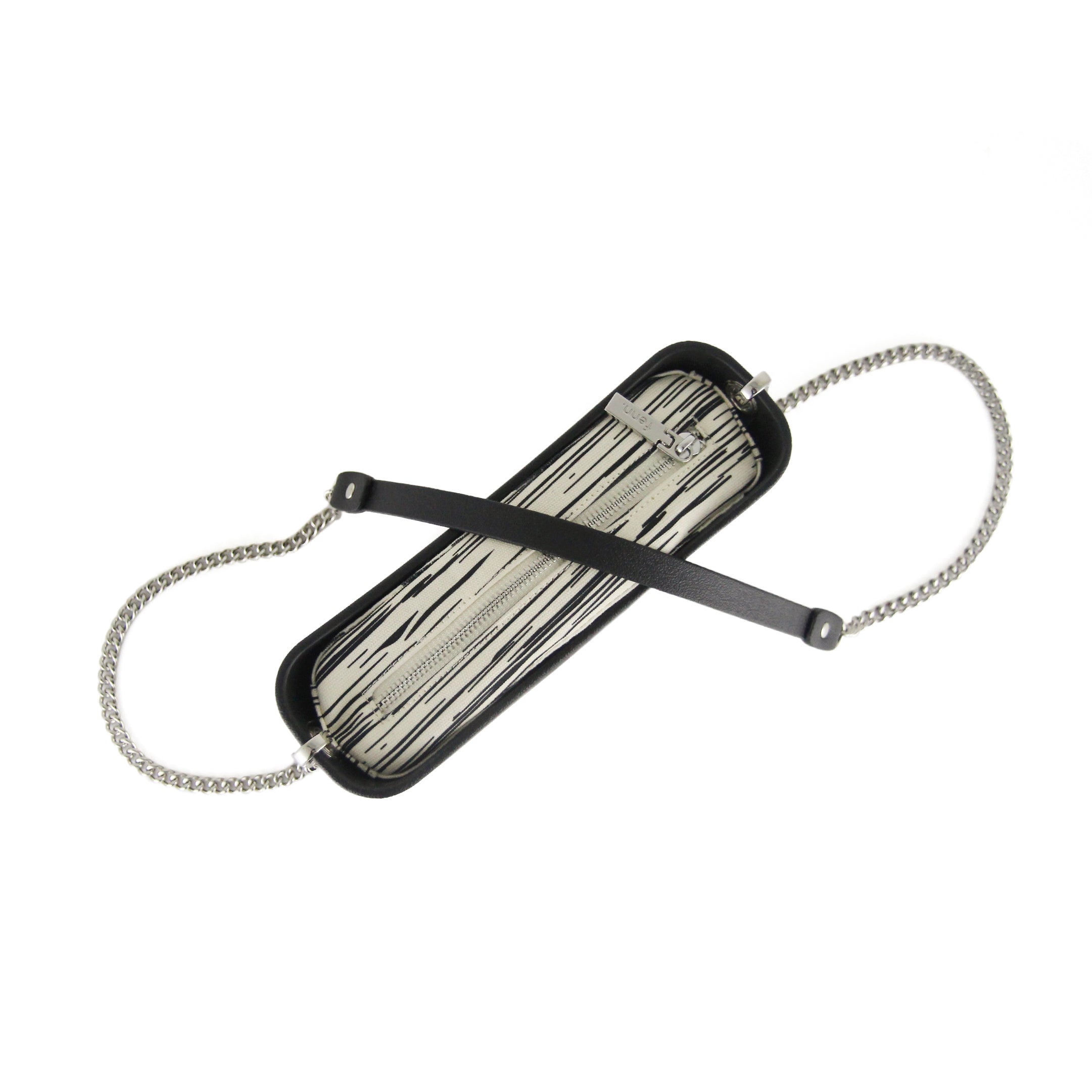 Classic BLACK with black & white patterned canvas inner and black & silver chain strap