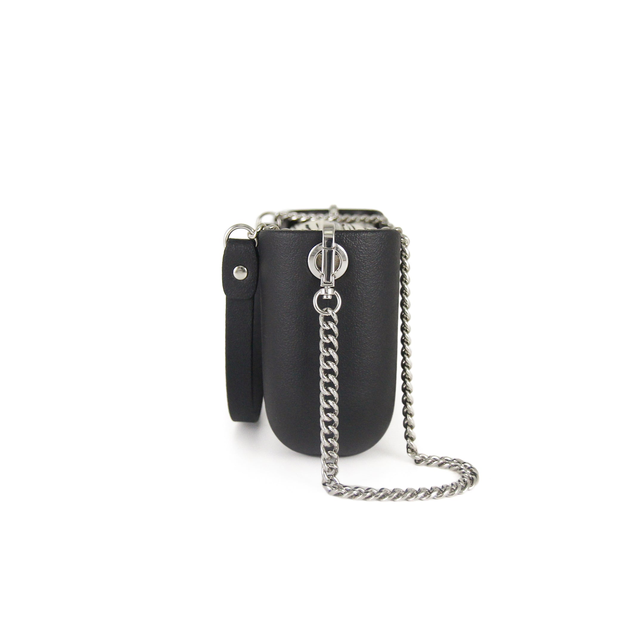 Classic BLACK with black & white patterned canvas inner and black & silver chain strap