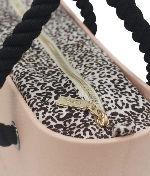 Petite PEACH with leopard print canvas inner and black rope handles