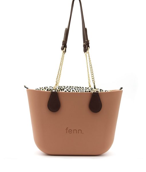 Petite ROSE BEIGE with leopard print inner and coffee / gold chain handles