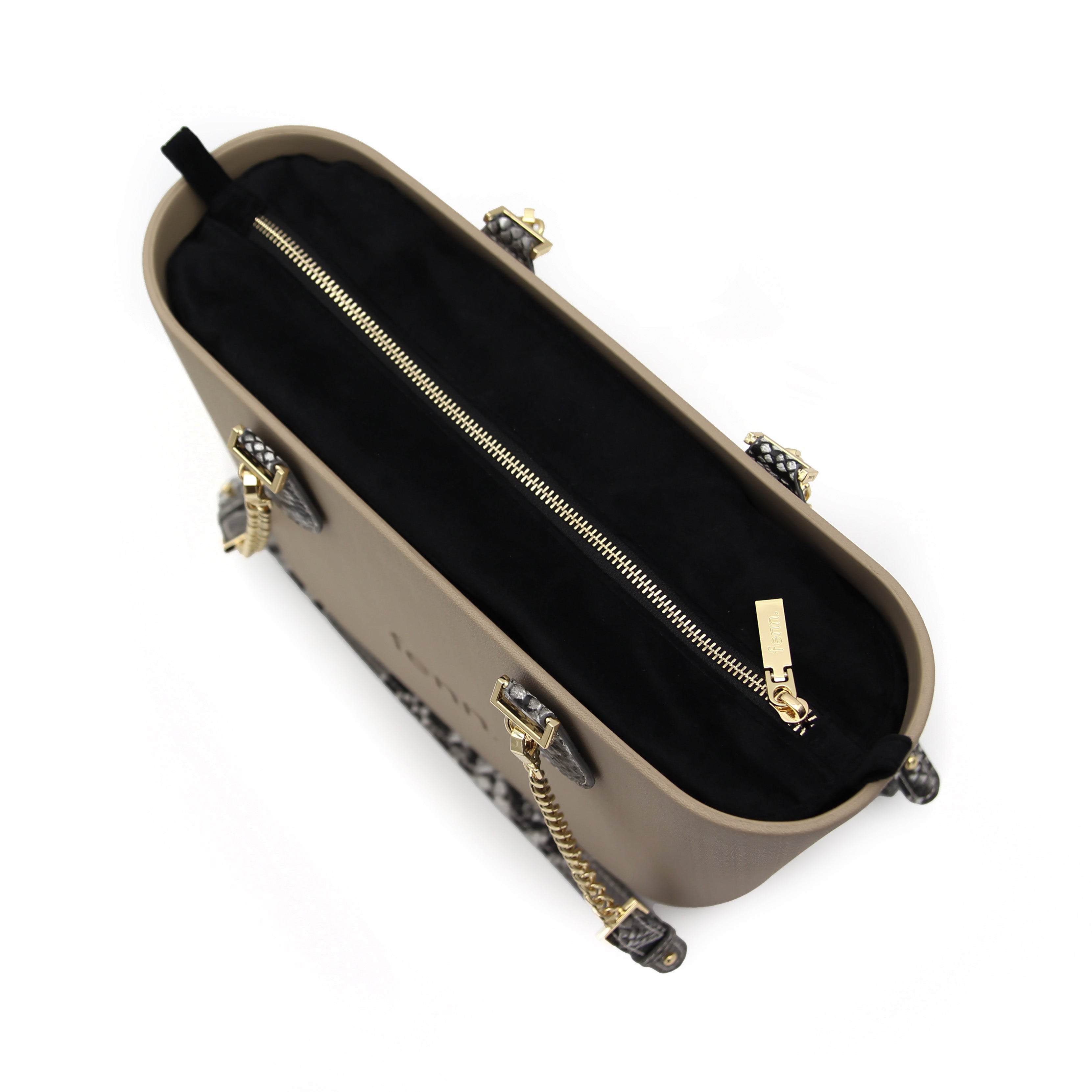 Petite STONE with black canvas inner and snakeskin / gold chain handles
