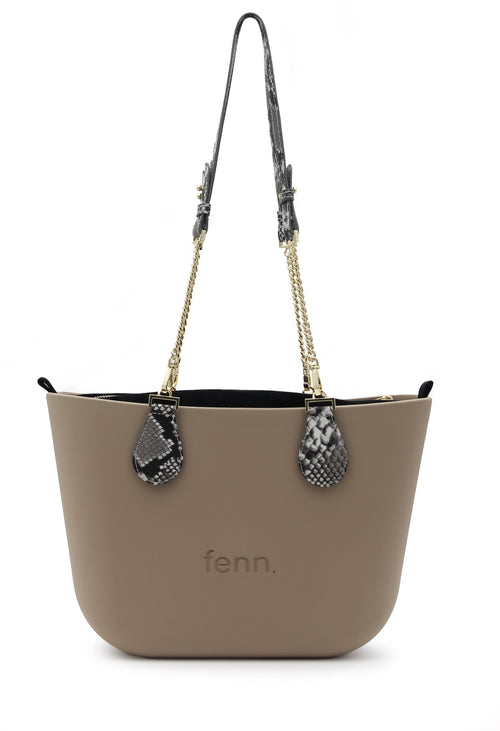Petite STONE with black canvas inner and snakeskin / gold chain handles