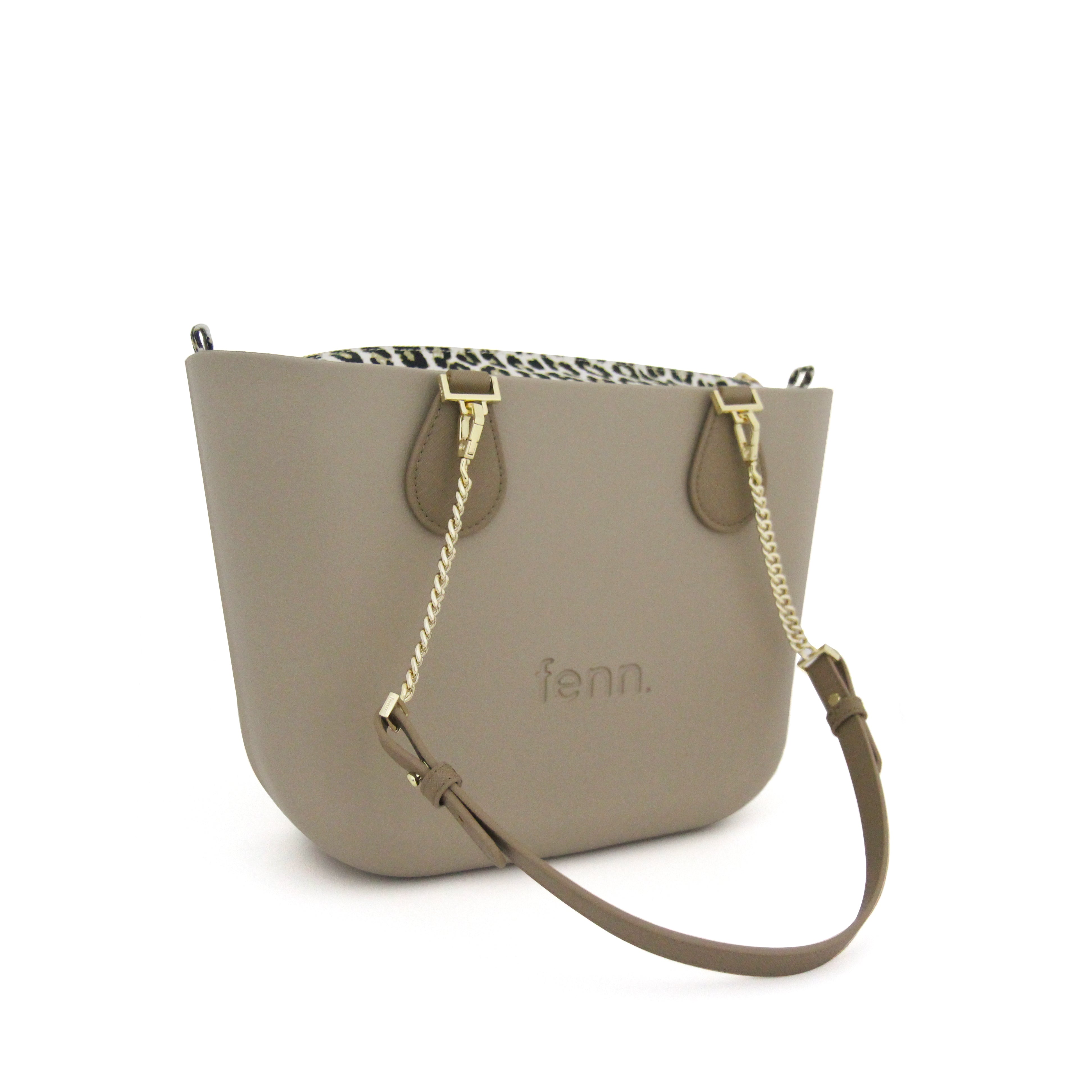 Petite STONE with leopard print canvas inner and tan / gold chain handle