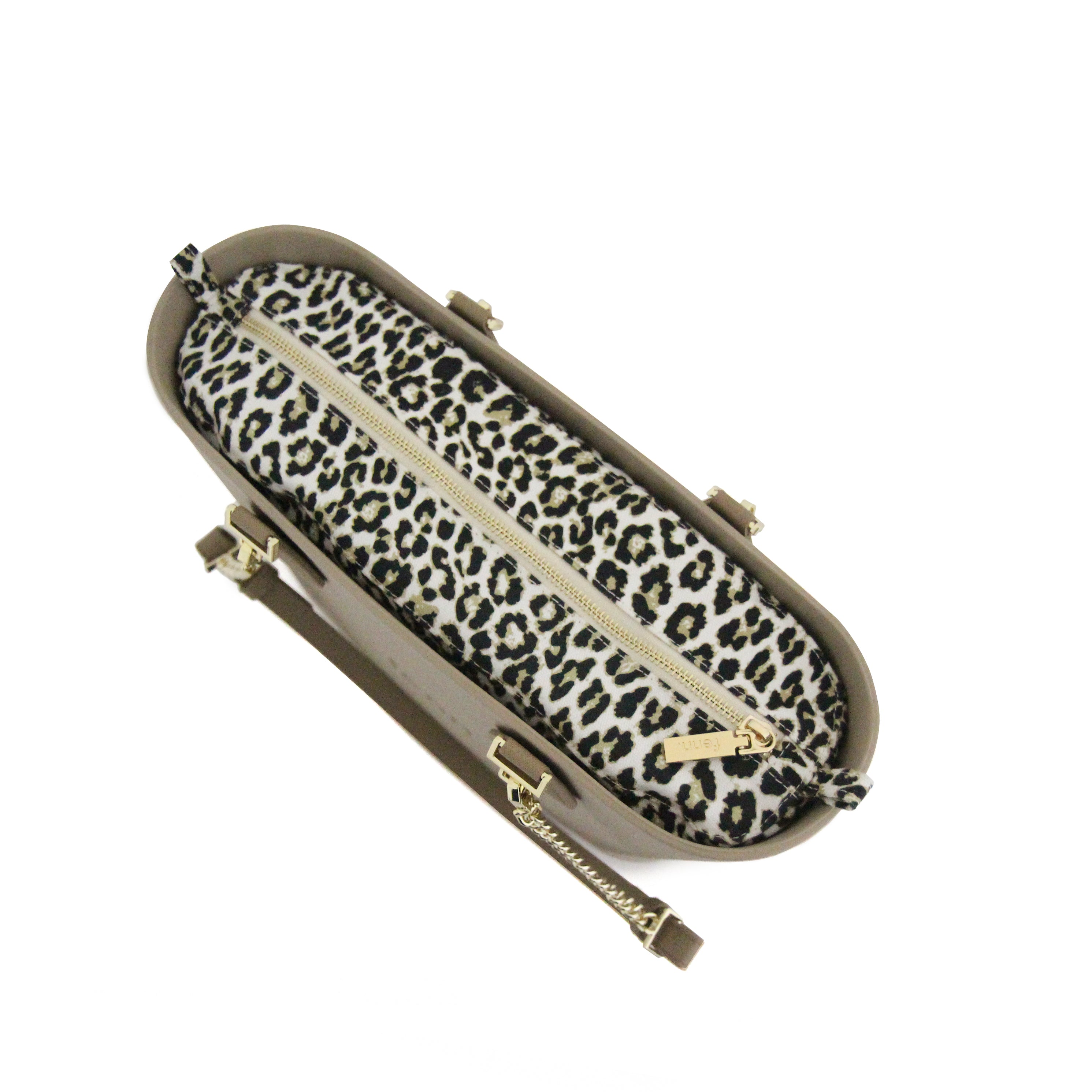 Petite STONE with leopard print canvas inner and tan / gold chain handle
