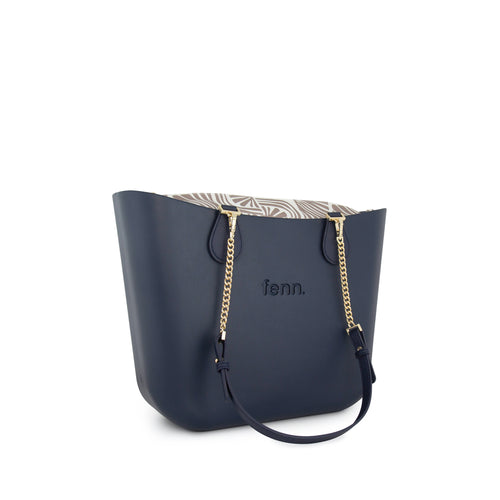 Original NAVY with patterned print inner and silver chain handles