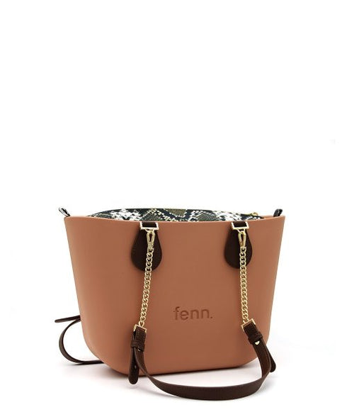 Petite ROSE BEIGE with snakeskin print inner and coffee / gold chain handle