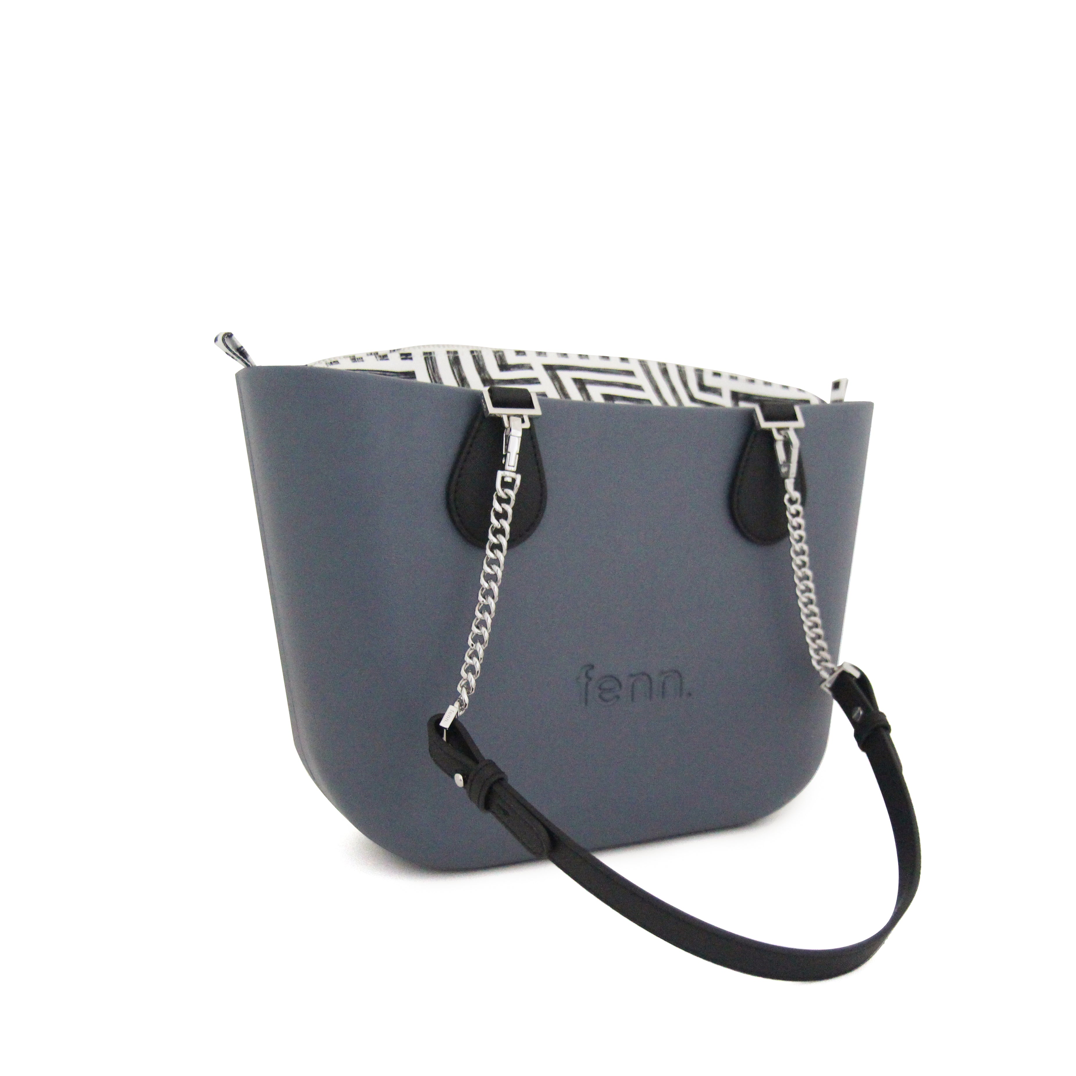 Petite DENIM BLUE with black & white canvas inner and denim blue / silver chain handle